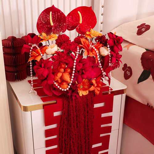 婚庆床头柜结婚装饰订婚花排花中式婚礼假花路引花艺摆设布置