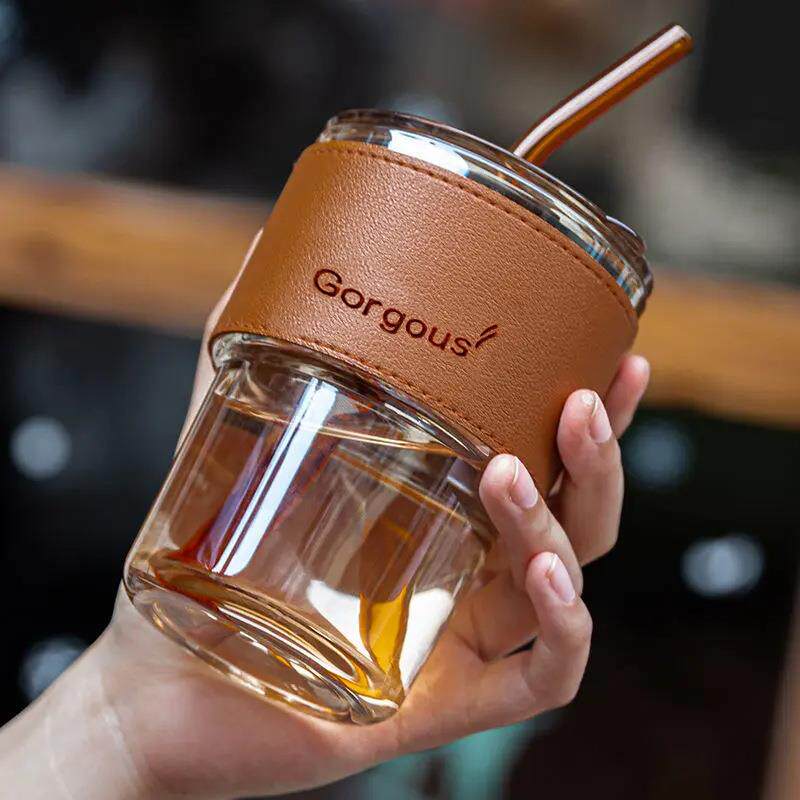 现货透明玻璃竹节吸管杯带杯套办公室随手玻璃水杯创意吸管杯