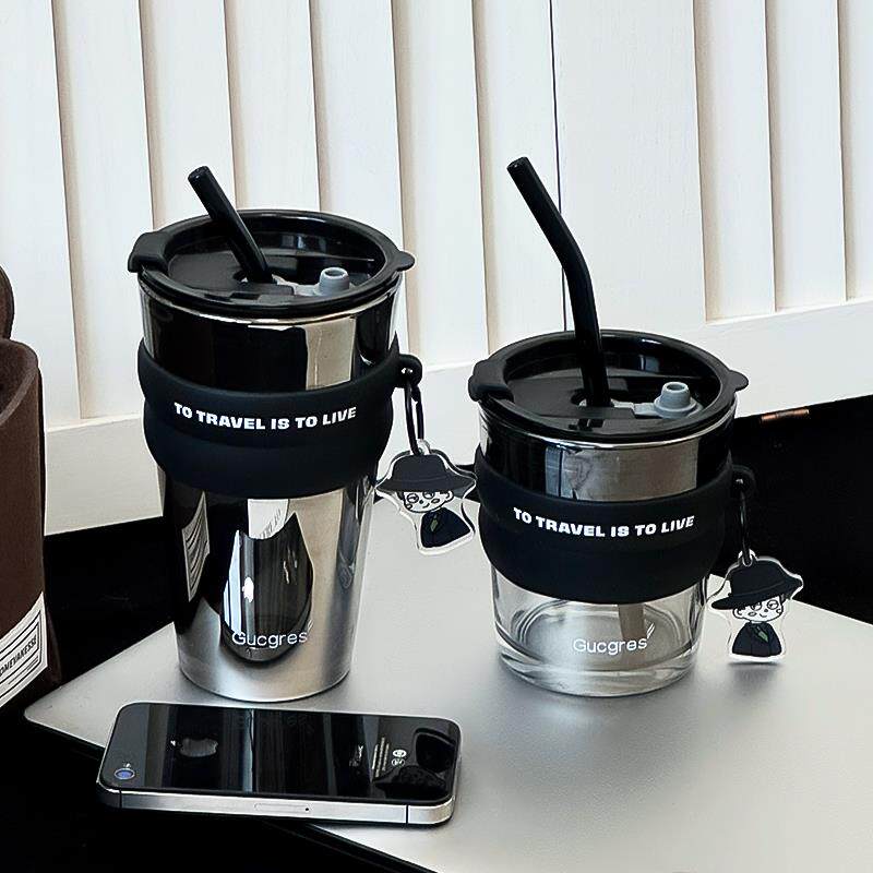 男生咖啡杯新款大容量家用外带女生办公室玻璃杯杯子高颜值吸管杯