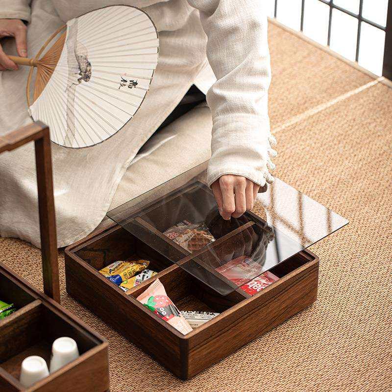 新中式胡桃木坚果盘携式户外糕点糖果收纳食盒轻奢木质提盒茶盒