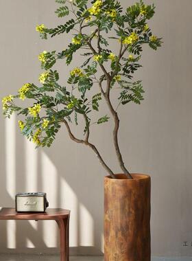 仿真绿植室内落地盆栽假树植物黄槐花中古风装饰高端轻奢盆景摆件