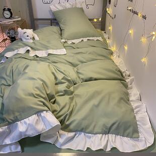 高档少女心粉色四套件公主风水洗棉荷叶生花边被套床裙学宿三舍件