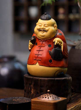 高端中式地主摆件客厅财神爷雕塑仿木雕茶几博古架装饰品桌面摆设