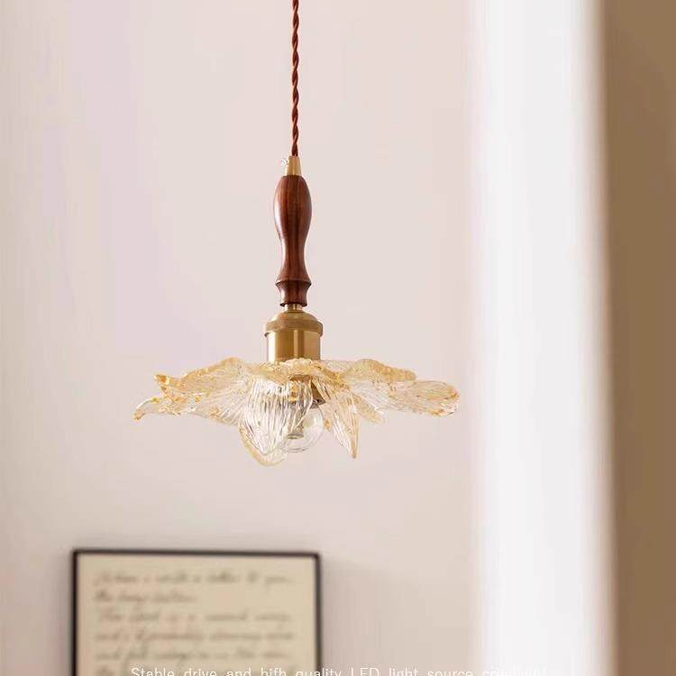 简约吧台中古花瓣餐厅吊灯胡桃色三头长餐桌灯法式复古莲韵过道灯