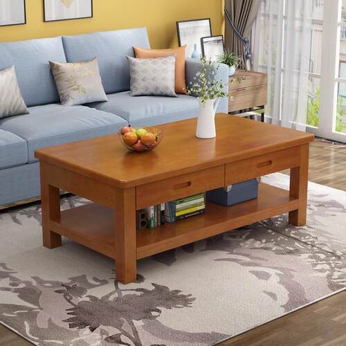 实木茶几方形茶桌松木茶几家用茶几客厅茶桌储物抽屉双层茶几