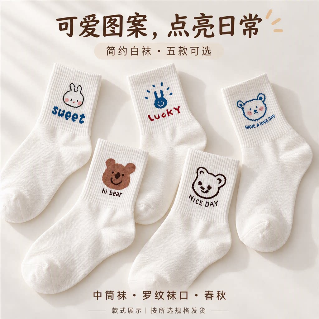 小熊中筒袜女韩系学院风春秋ins潮可爱白色长袜罗纹袜口搭帆布鞋