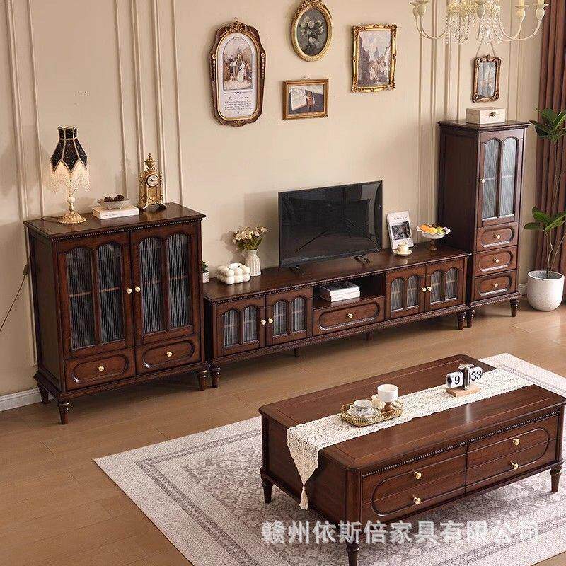 实木电视柜法式复古影视柜家用客厅高矮酒柜小户型电视柜茶几