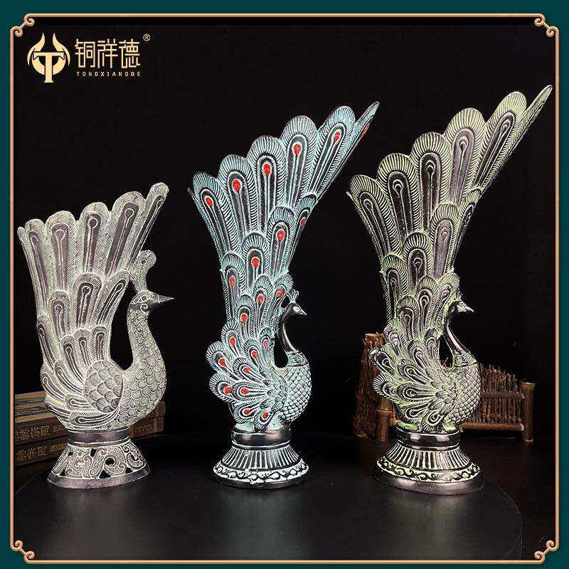 古青铜摆件青铜双凤杯酒樽吉祥鸟尊花瓶古玩装饰工艺品花插笔筒