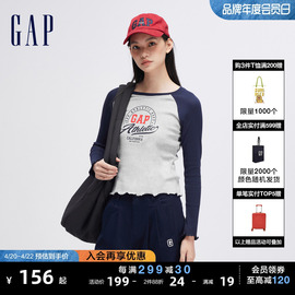 gap女装2024春季logo撞色插肩袖花边长袖t恤针织女友t888456