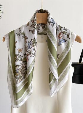 Elegant French Style Floral Print Scarf 70cm Square Silk