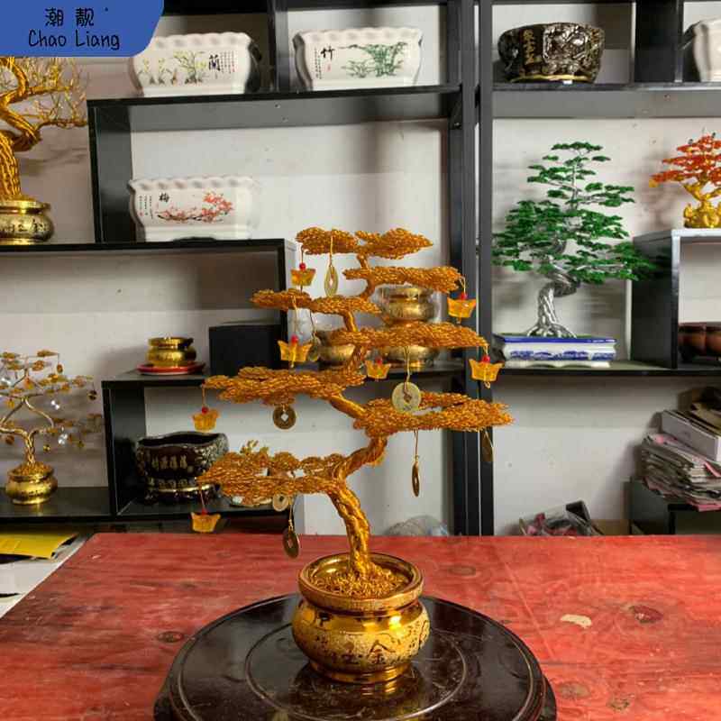 盆景造型铝丝摆件发财树摇件工钱树铝线纯手工客摆厅屋内L-101270
