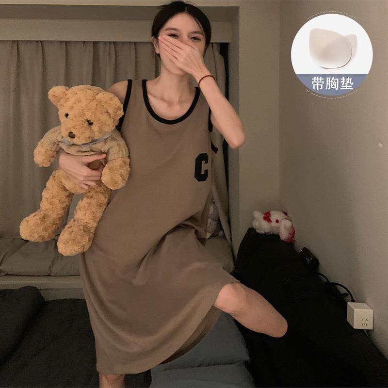 带胸垫睡裙女款夏季薄款吊带背心字母棉质睡衣2026新款夏天家居服