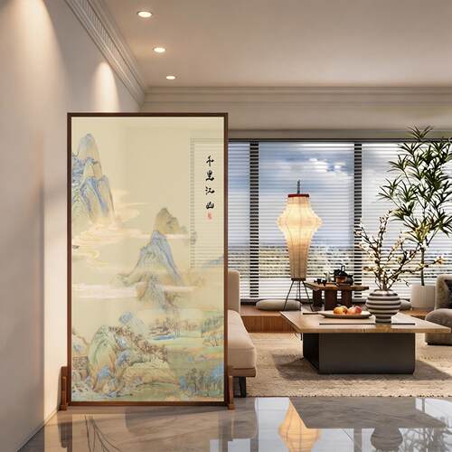 新中式实木山水画屏风隔断客厅办公室入户玄关遮挡千里江山图座屏