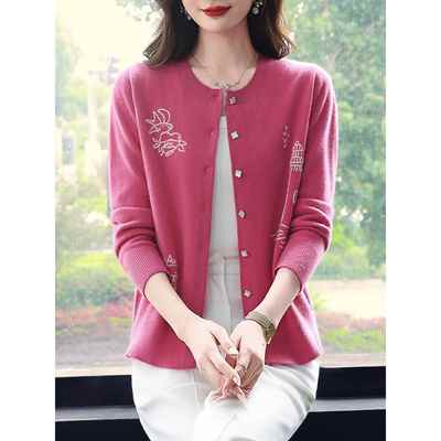 高端品牌100%纯羊毛开衫外套女春秋2025新款妈妈毛衣羊毛绒衫上衣