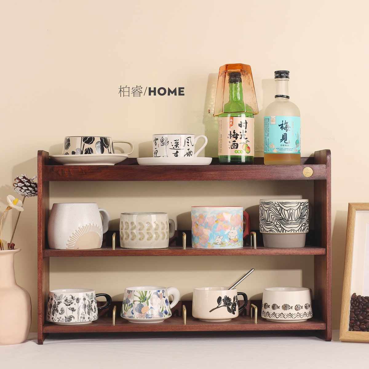 桌面多层分格实木水杯架茶杯咖啡杯马克杯玻璃杯酒杯收纳置物架子