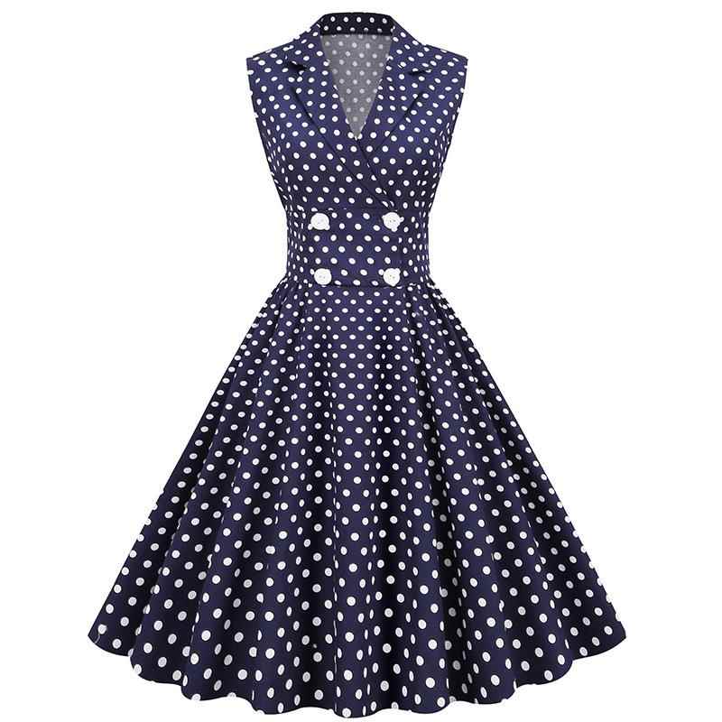 Lapel sleeveless double-breasted polka dot Hepburn dress
