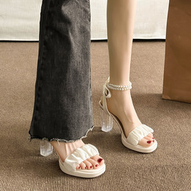 珍珠透明高跟鞋女夏季2024年白搭法式仙女风粗跟增高罗马凉鞋