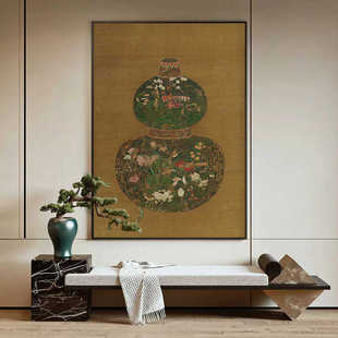 中古风客厅玄关壁画 葫芦花瓶 高级感法式 复古中国风装 饰画新中式