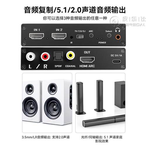 皮乐仕HDMI二进一出音频分离器转光纤同轴5.1高清盒子接显示屏4K