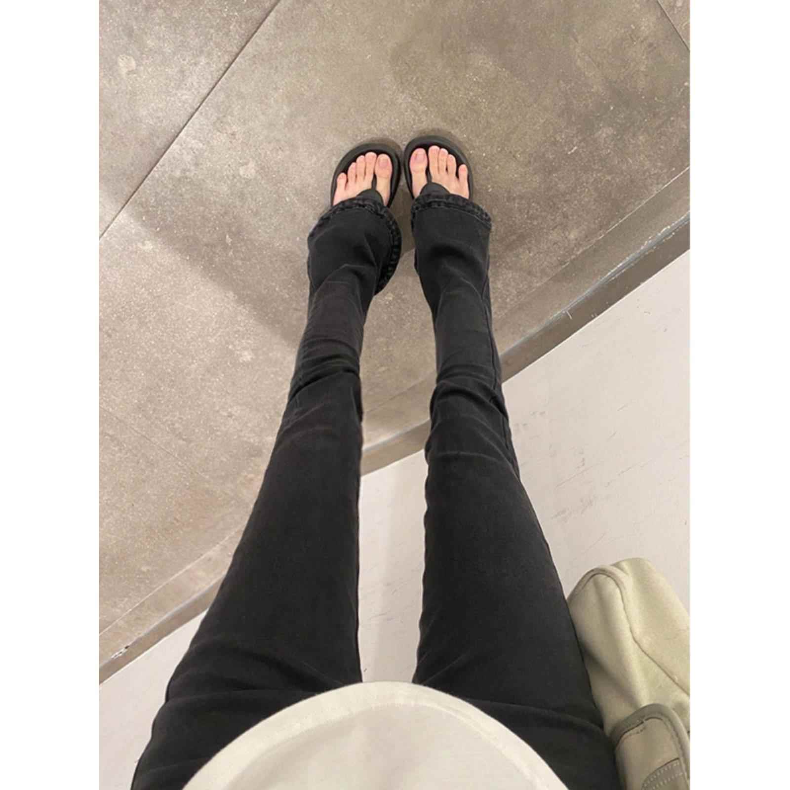 黑色高腰弹力马蹄形裤,女性在春季显瘦秋冬羊毛衬2025新款微喇叭