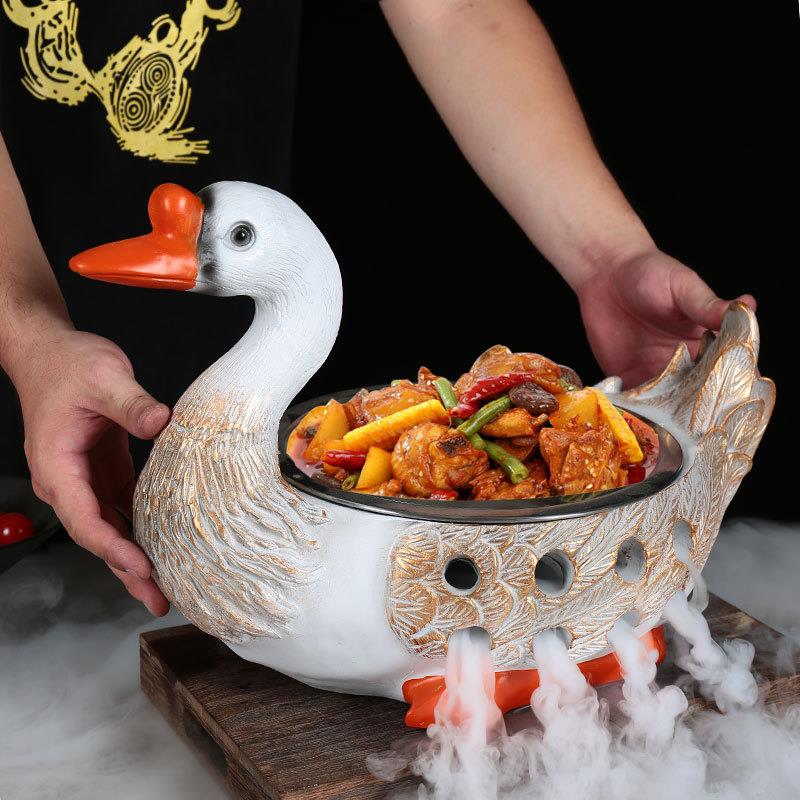 特色鸭菜网红金鸡HIF鹅牛造型摆盘干冰酒精两用餐具农家乐酒店创