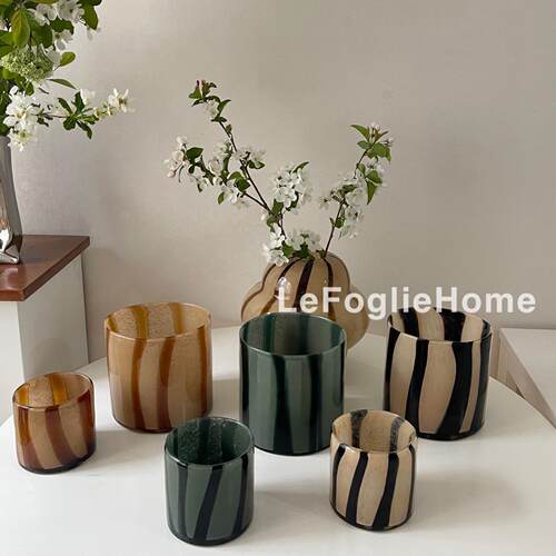 北欧设计 Ins风极简直筒琉璃花瓶双色拼条纹烛台杯花瓶两用型花瓶