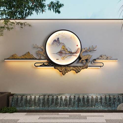 新中式庭院灯具影壁墙装饰太阳能圆环壁画祥云福禄景观灯玄关创意