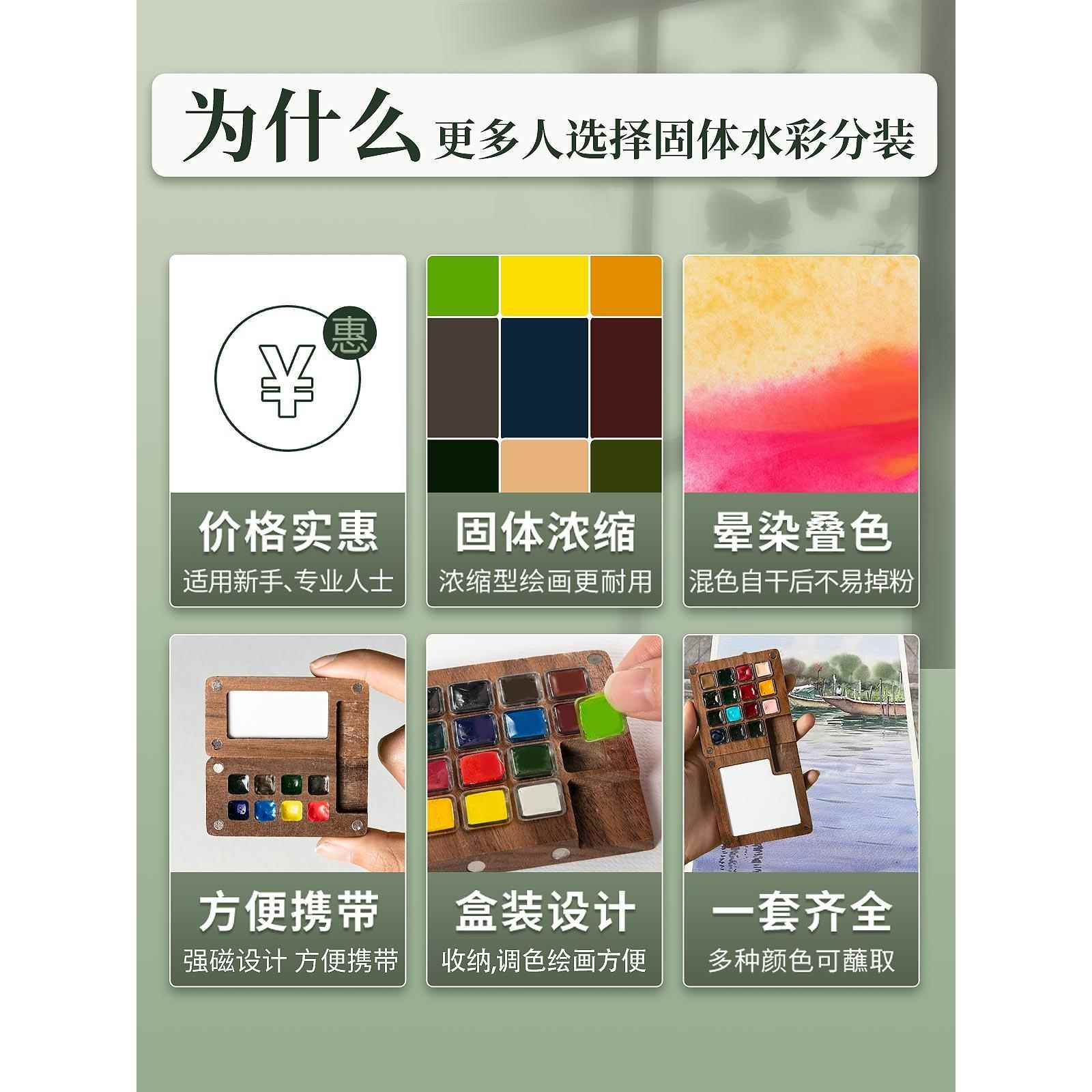 迷你便携水彩颜料套装固体分装荷尔拜因美术专用全套工具调色盘水