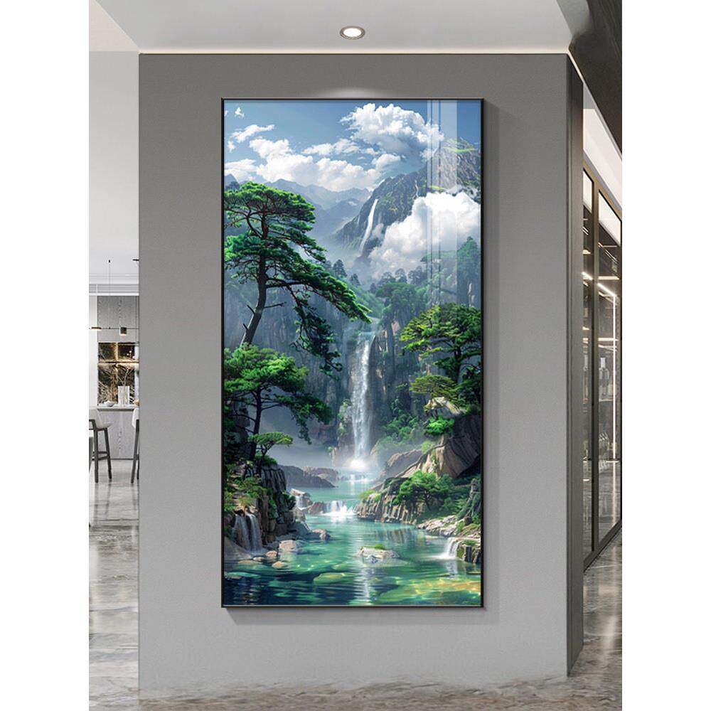流水生财风景画入户玄关挂画正对门走廊过道装饰画源远流长山水画