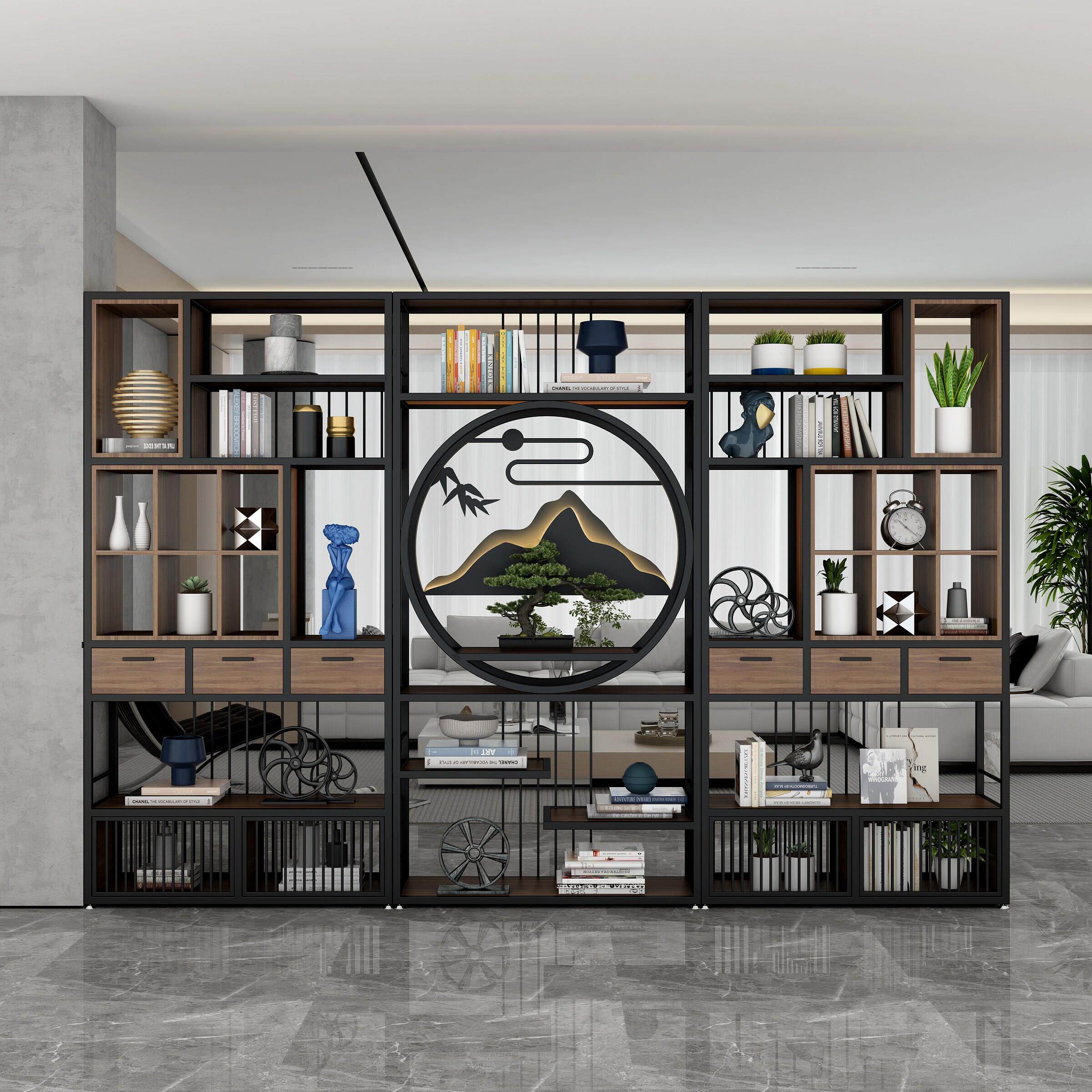 新中式铁艺博古架落地书架展示柜办公室隔断置物架饭厅茶室展示架