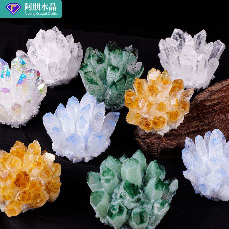 天然白水晶紫晶簇 黄水晶绿幽灵晶簇矿标家居消磁工艺品摆件