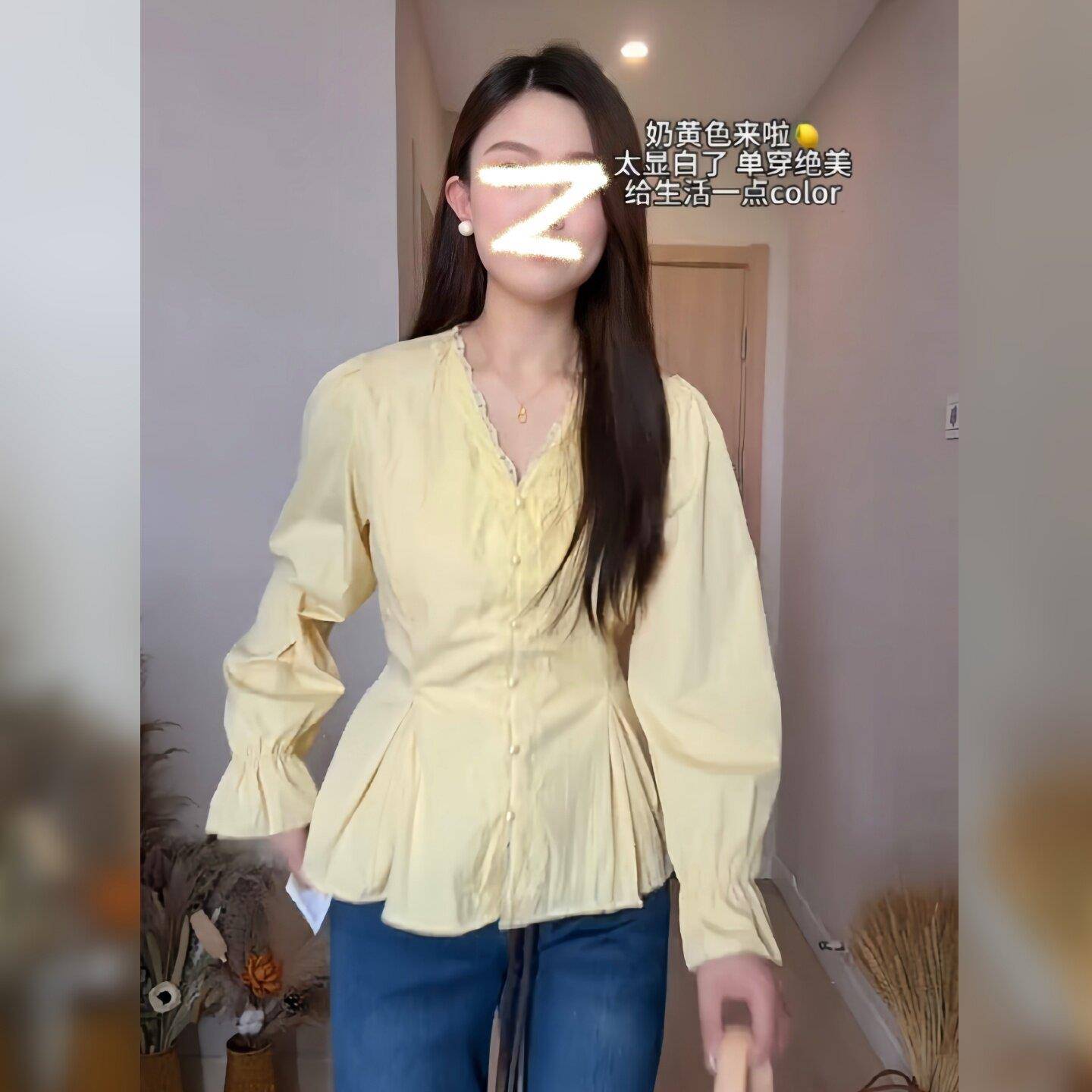 新品A2611大码韩版V领蕾丝钩花绝美长袖上衣显瘦衬衫2026秋季设计