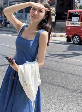欧洲站蓝雾之恋薄款牛仔连衣裙女夏小众设计感收腰气质吊带长裙子