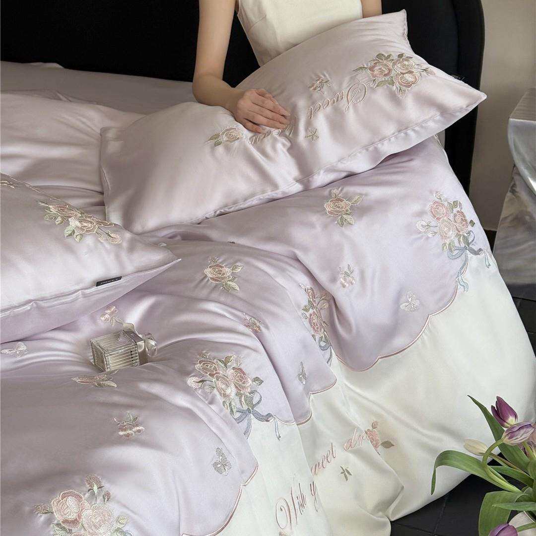 少女心花卉刺绣丝滑凉感床品夏季兰精莱赛尔天丝四件套家纺泡芙发