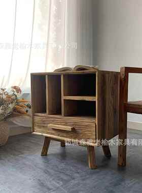 老榆木卧实室床头抽柜IYC新中式木沙发边几屉式边老门板柜玄关储