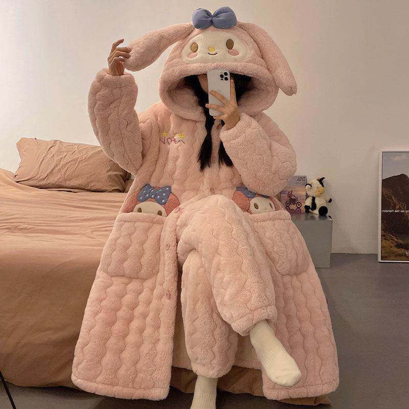 美乐蒂睡袍女冬季天珊瑚绒三层夹棉袄保暖加厚加绒睡衣浴袍家居服