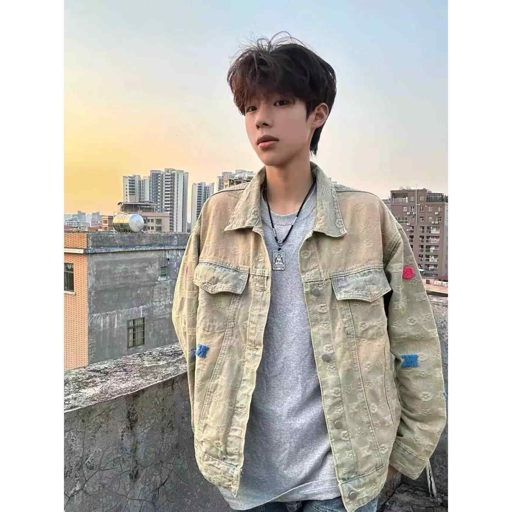 网红同款美式街头黄泥水洗做旧复古牛仔衣男女宽松潮牌夹克外套潮