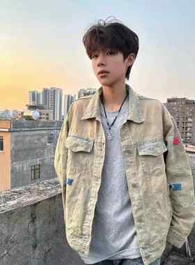 网红同款美式街头黄泥水洗做旧复古牛仔衣男女宽松潮牌夹克外套潮