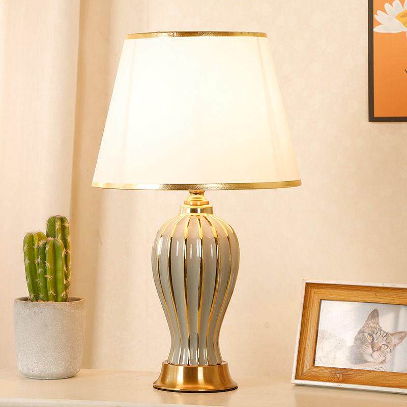 美式轻奢描金陶瓷台灯金边布罩卧室客厅书房床头灯table lamp