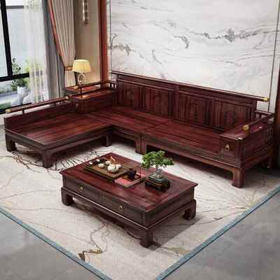 新中式金实木沙发转角贵妃冬夏用小户木型古典仿木质JHL小厅乌两