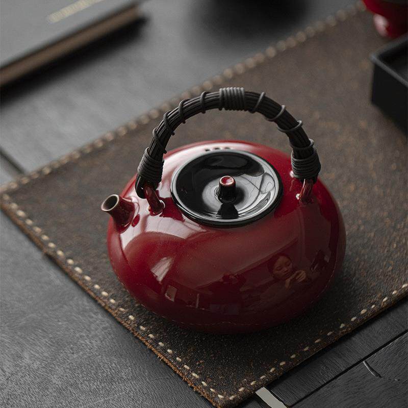 赭红藤编提梁壶 手工陶瓷带过滤泡茶壶暖茶温茶器套装中式
