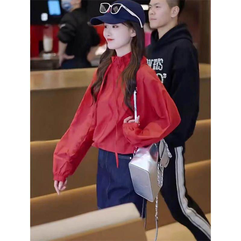 欧货时尚红色薄款防晒衣女2025夏季新款休闲 立领抽绳运动外套上