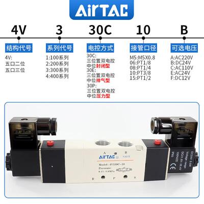 原装亚德客三位五通中泄型电磁阀 4V330E08-A/B/C/E/F-I-W DC24V