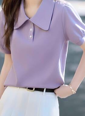 浅紫色Polo领短袖简约泡泡袖宽松显瘦翻领甜美气质上衣女休0609k