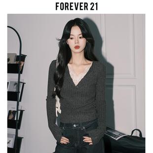 Forever21气质灰色蕾丝假两件V领针织小衫 打底上衣 女纯欲修身 长袖