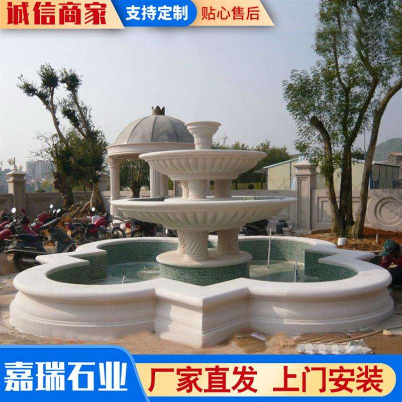 汉白玉欧式双层喷泉园林用景观雕刻大理石园林流水摆件水钵摆件