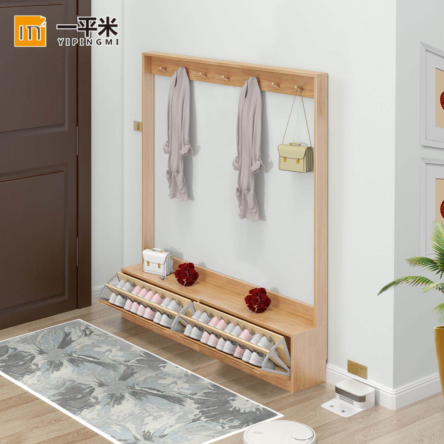 全实木1.2/1.4m北欧风入户换鞋凳衣帽架一体家居门口玄关落地衣架