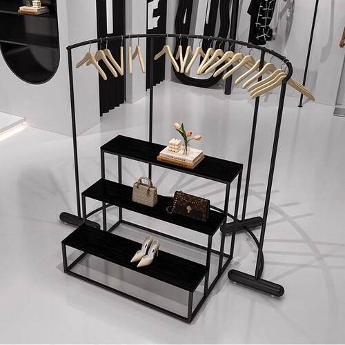 服装店中岛展示架铁艺黑色中间摆放弧形挂衣架女装店多层鞋包货架