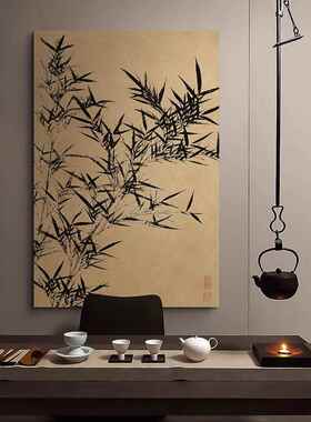 茶室书房意境古画挂画酒店走廊过道壁画新中式竹报平安玄关装饰画