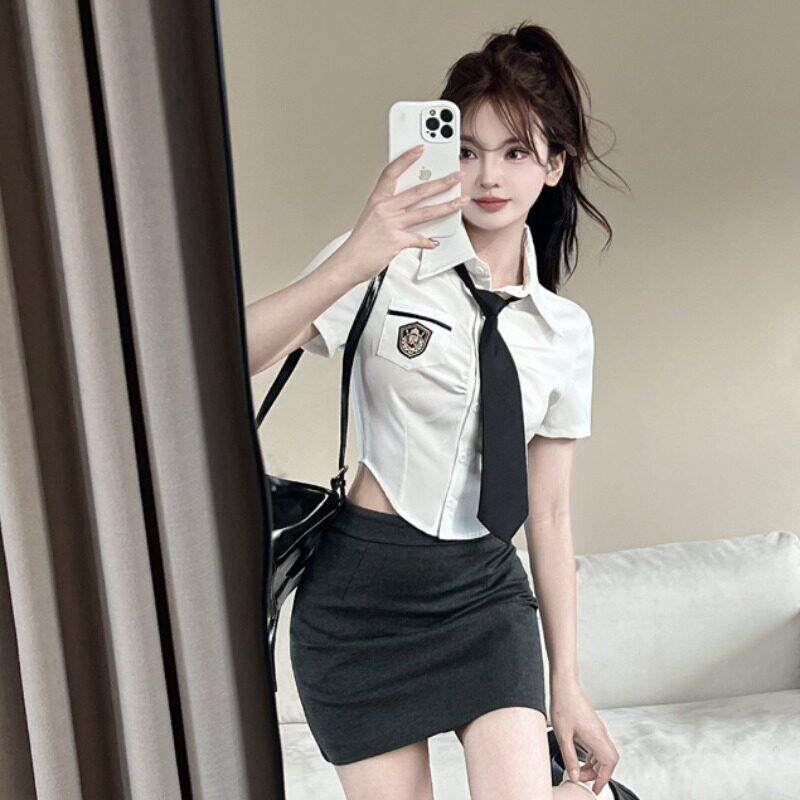 学院风制服套装夏季纯欲辣妹收腰短款带领带白色衬衫高腰包臀裙